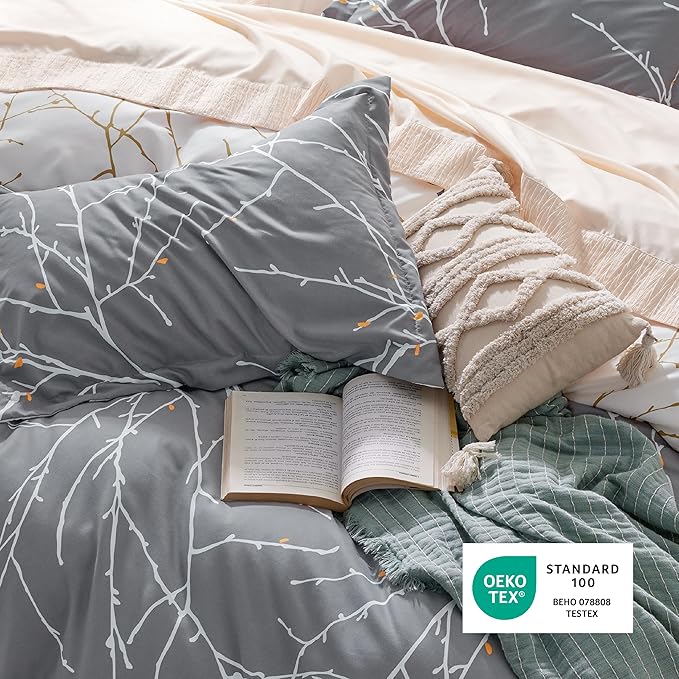 Bedsure Duvet Cover Queen Size - Reversible Tree Branch Duvet Cover Set with Zipper Closure, 3 Pieces Grey Bedding Set with 8 Corner Ties and 2 Pillow Shams 20"x26"