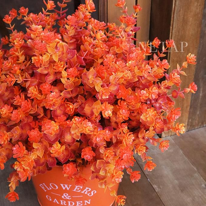 Outdoor Artificial Flowers UV Resistant, 20 Bundles Fake Realistic Floral Greenery Plants for Outside Porch, Window Boxes, Garden, Yard, Inside Home Table Decor,RedOrange
