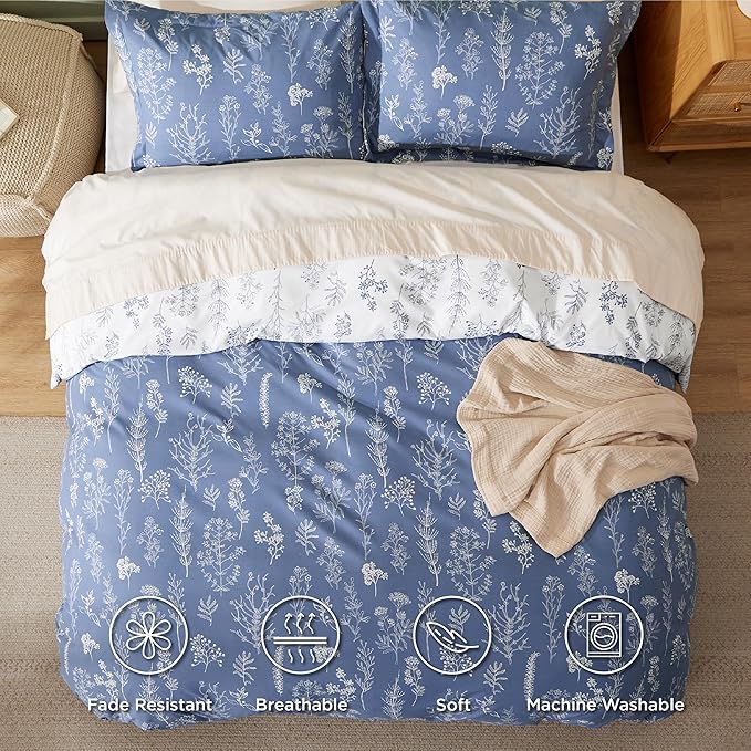 Bedsure Duvet Cover Queen Size - Reversible Infinity Blue Queen Duvet Cover Set with Zipper Closure, 3 Pieces Cute Floral Patterned Bedding Set with 8 Corner Ties and 2 Pillow Shams