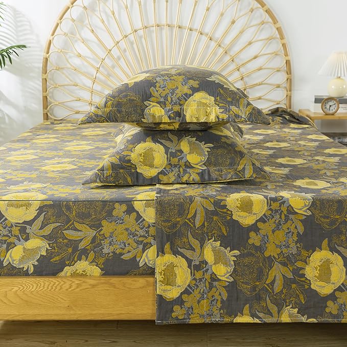 FADFAY Floral Sheets Set King Vintage Grey Yellow Floral Bedding Shabby Peony Farmhouse Bedding Super Soft Washed Double -Layer Muslin Sheets 100% Cotton Deep Pocket Fitted Sheet 4Pcs, King Size