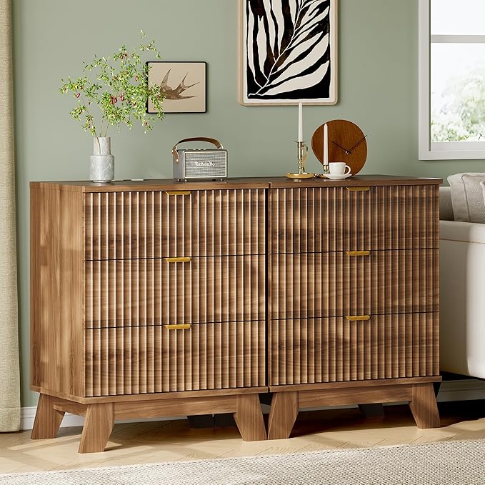 Fluted Nightstand with Charging Station, 24" Wide Bedside Table with 3 Large Storage Drawers, Modern Wood Side Table Night Stand, End Table Small Dresser for Bedroom, Living Room, Dorm, Walnut