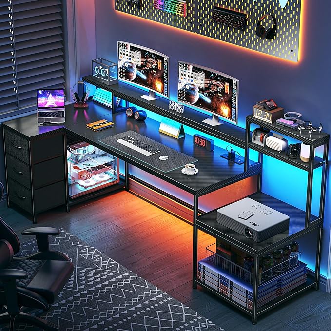 71" L Shaped Gaming Desk with 3 Drawers & Hutch, Computer Desk with Monitor Stand & Power Outlet, Home Office Desk Reversible Black Desk with LED Light,Printer Shelf,Storage Shelves,Black Carbon Fiber