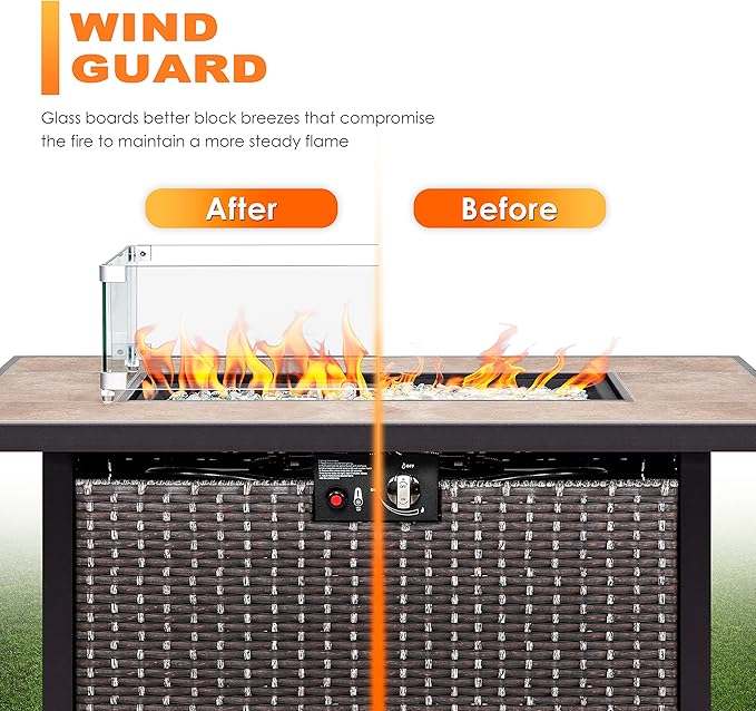 Nuu Garden Outdoor 43" 50,000 BTU Propane Gas Fire Pit Table, Ceramic Tabletop and Rattan Weaved Iron Frame, Water-Proof Oxford Cover, Glass Wind Guard, Glass Beads, Lid Included, Dark Brown & Coffee