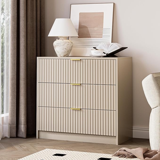 3-Piece Dresser Bedroom Set, 9 Drawer Dresser & 3 Drawer Nightstands with Gold Handles, Fluted Wood Chest of Drawers for Bedroom, Living Room, Entryway, Beige