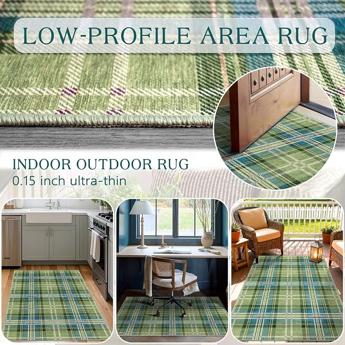 3x5 Buffalo Entry Rug - Small Washable Indoor Outdoor Mats for Front Door Non-Slip Porch Rug Green Teal Plaid Tartan Throw Rugs for Living Room Bedroom Entryway Kitchen Office Porch Decor