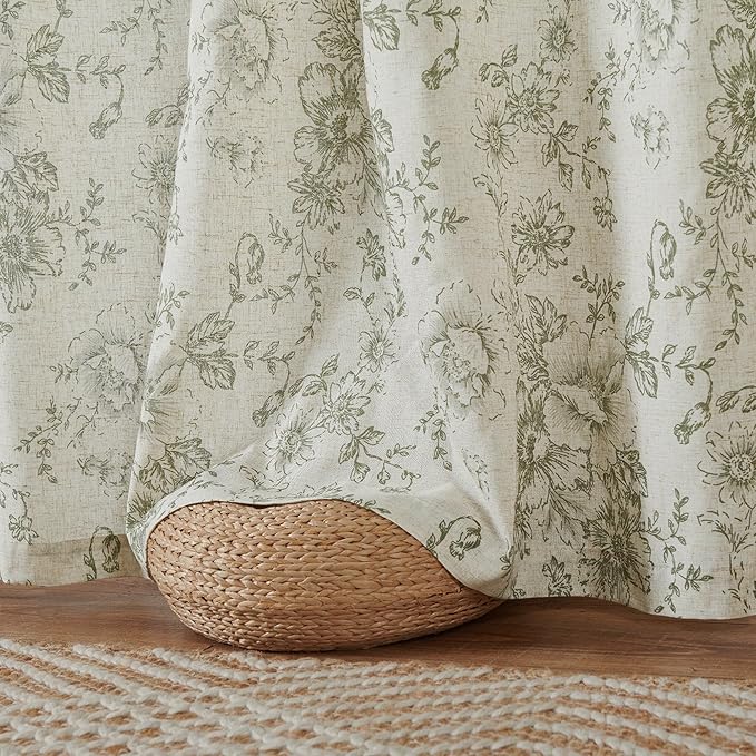 jinachan Pinch Pleated Curtains Floral Linen Blend Curtains for Living Room 96 Inches Length Christmas Green Peony Flower Printed Curtain Rod Pocket Back Tab Farmhouse Drapes with Hooks Set 2 Panels