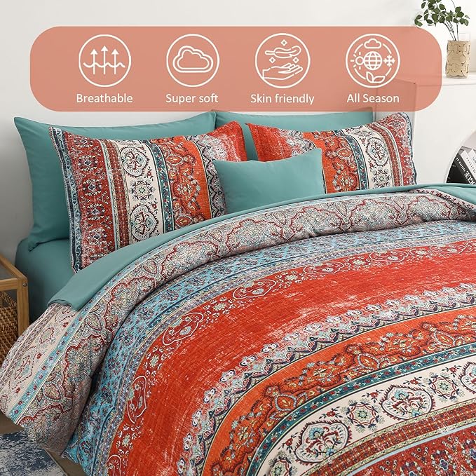 Cottolester Boho Queen Comforter Set 8 Pieces, Terracotta Comforter Bohemian Striped Bed in A Bag,Soft Microfiber Bedding Set for All Seasons