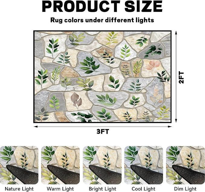 2'x3' Optical Illusion Rug 3D Stone Floor Mat Green Leaf Botanical Area Rug Rustic Nature Washable Carpet for Entryway Bedroom Living Room Kitchen Home Decor