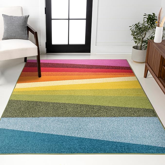 JONATHAN Y Prism Geometric Striped Indoor Area Rug 5x8, Orange/Green/Blue, Modern, Coastal, Easy-Cleaning for Living Room, Bedroom, Kitchen, Pet Friendly, Non-Shedding (DZC101A-5)