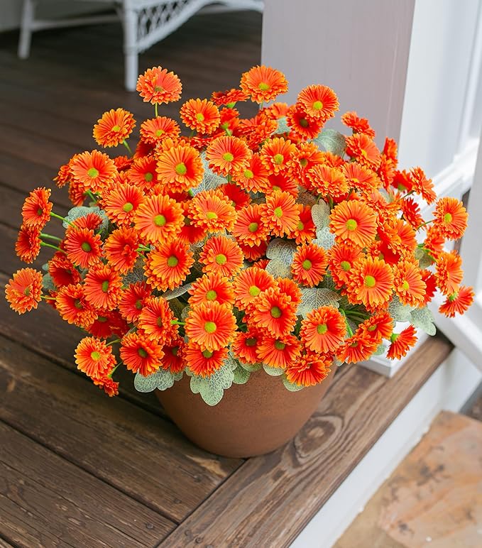 HyeFlora Dahlia Artificial Winter Flowers for Outdoors Christmas Decoration, 6 Bundles Fake Daisy Orange Faux Plants Realistic UV Resistant Silk Flowers for Outside Planter Front Door Yard Garden