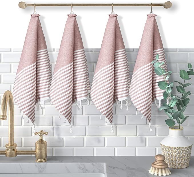 Turkish Kitchen Towels 18x26 Inches with Tassels - 4 Pack - Absorbent, Durable, Soft 100% Cotton Dish Towels for Drying & Cleaning - Machine Washable, Quick Dry - Rust