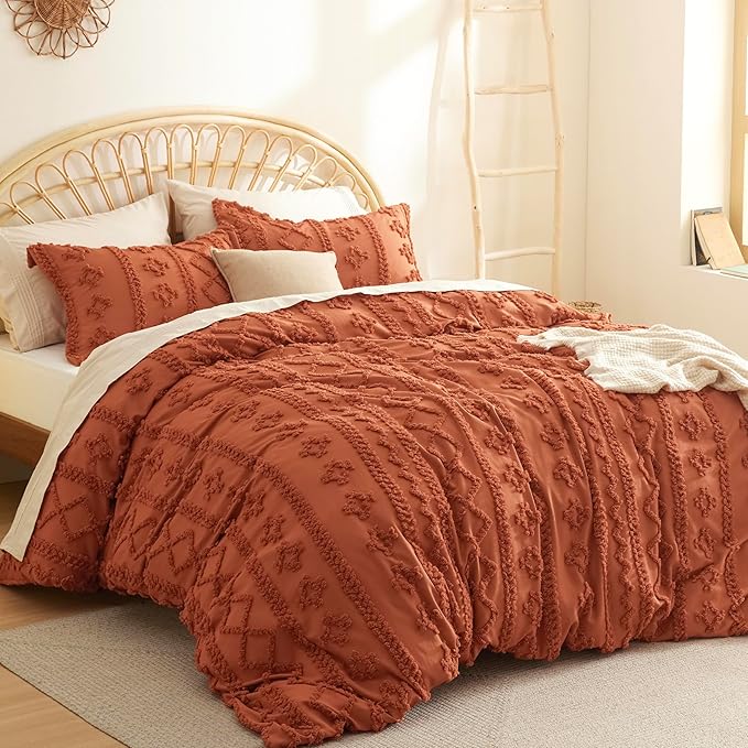 Bedsure Boho Duvet Cover Queen Size, Soft & Comfortable Elegant Design Boho Bedding for Decoration, Machine Washable Comforter Cover for All Seasons,Includes 1 Duvet Cover & 2 Pillow Shams,Terracotta