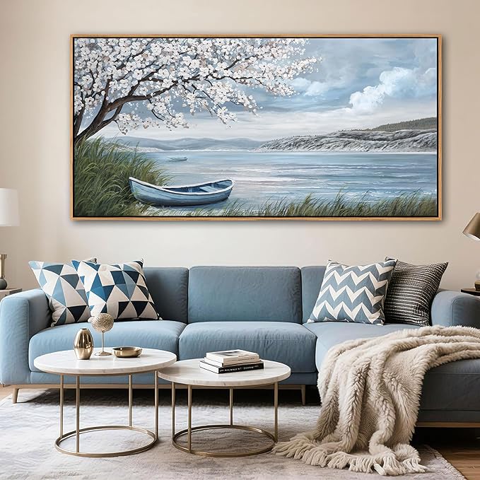 KLAKLA Large Canvas Art Plum Blossom Lake White Wall Decor Living Room Bedroom Picture Over Bed Framed Artwork for Wall Modern Canvas Paintings Office 58x29 Inches