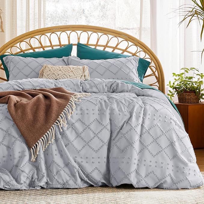 Bedsure Boho Duvet Cover King Size - Light Grey Breathable & Soft Boho Bedding, Machine Washable Comforter Cover for All Seasons, Includes 1 Duvet Cover 104"x90" with 2 Pillow Shams & Zipper Closure