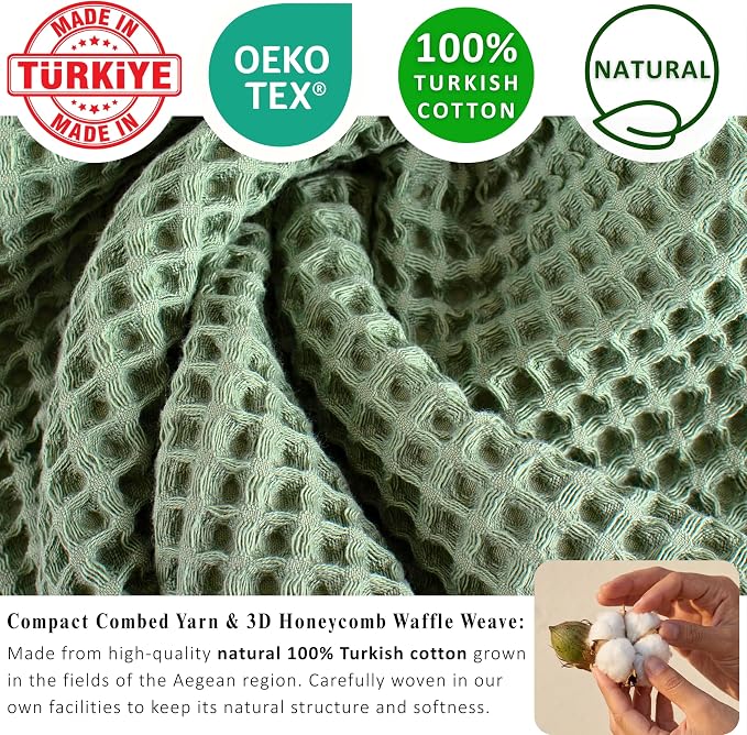 PÜSKÜL 4-Piece Natural 100% Turkish Cotton Luxury Waffle Towels for Bathroom | Premium Honeycomb Weave 2 Hand Towel & 2 Bath Towel Set | Soft Absorbent Quick-Dry Lightweight Towels (Sage Green)