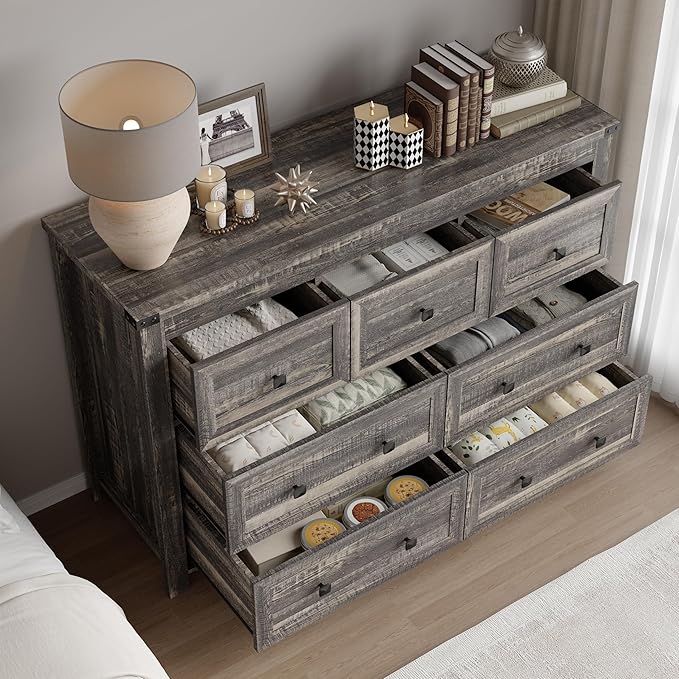 7-Drawer Dresser, Modern Wooden Storage Chest of Drawers, Dresser TV Stand, Wood Drawer Organizer with Metal Handles for Bedroom, Living Room, Hallway