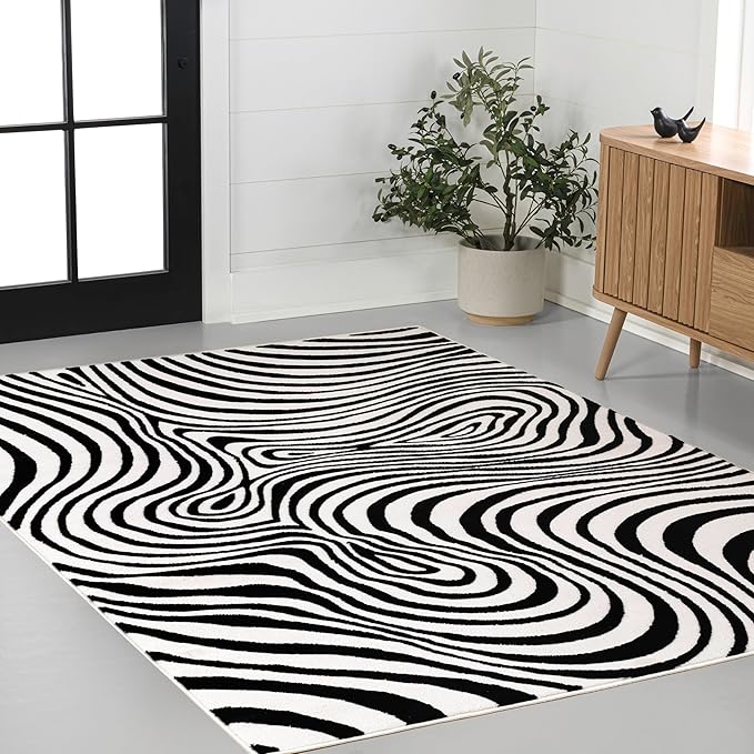 JONATHAN Y Maribo High-Low Abstract Striped Black/White 5x8 Area Rug Indoor, Non-Shedding, Stain Resistant for Bedroom, Living Room, Kitchen (SCN103F-5)