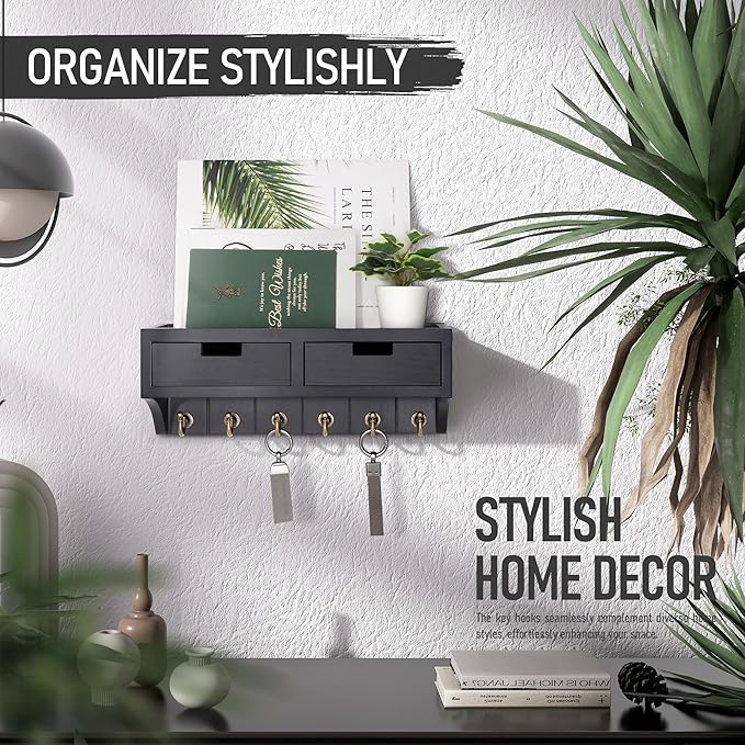 Rebee Vision Key Holder Wall Mount with 2 Drawer Organizer : Decorative Mail Organizer with 6 Key Hooks & Small Wall Shelf - Modern Home Decor for Apartment Essentials (Black)
