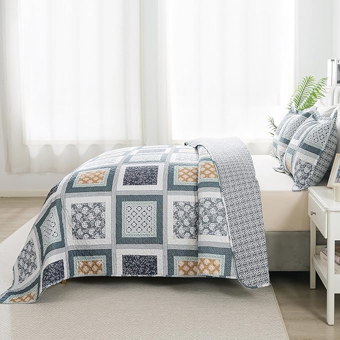 HoneiLife Queen Quilt Bedding Set - 3 Pieces Microfiber Quilt Sets Lightweight Bedspreads Reversible Coverlets Rustic Bed Cover Floral Bedding Set All Season Quilts-Grey