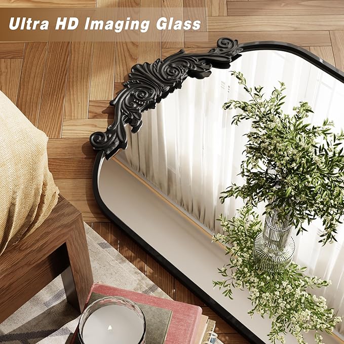 VooBang Vintage Arched Bathroom Mirror, 24x36 Inch Retro Wall Mounted Vanity Mirror with Carved Pattern Top and Metal Frame, Black Decorative Mirror for Hanging or Leaning