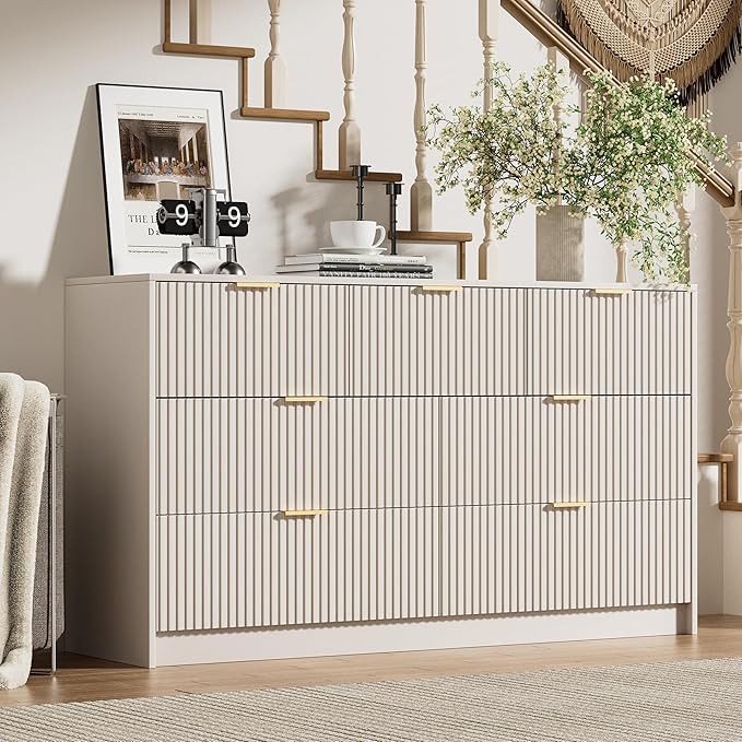 Beige Dresser for Bedroom, Modern Dresser with 7 Drawers and Smooth Slides, Wide Chest of Drawers with Golden Handles for Bedroom, Living Room, Closet, 15.7" D x 55.1" W x 31.4" H