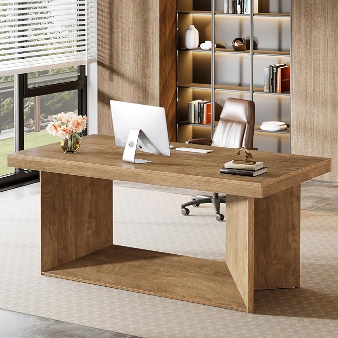Tribesigns 63-Inch Executive Desk, Large Office Computer Desk with Heavy Duty Pedestal, Farmhouse Simple Workstations Writing Table for Home Office, Rustic Brown