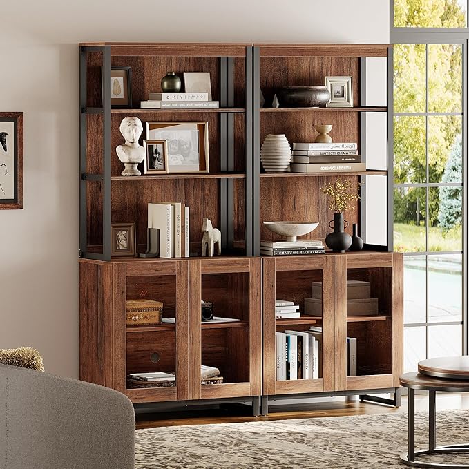 WAMPAT 2 PCS Modern 72" Tall Bookcases with Glass Doors and Adjustable Shelves, Library Book Shelf with Storage Cabinet and Open Book Shelfs, Wood Bookshelves for Home Office, Living Room, Brown