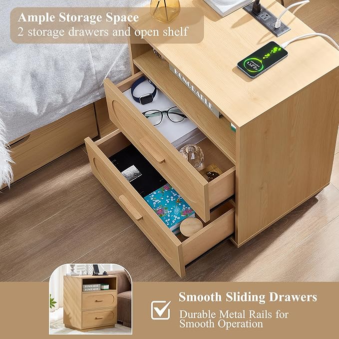 Nightstand with Charging Station, Modern End Table with 2 Drawers Storage, Space-Saving Wood Storage Cabinet with Unique Base Design, Bedside Table for Bedroom, Living Room, Natural Oak