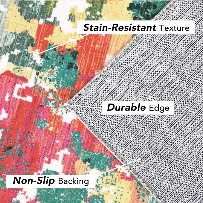 GAOMON 9x12 Washable Boho Chic Abstract Watercolor Design Area Rug Low Pile Thin Living Room Rug Non Slip Soft Bedroom Rug Abstract Accent Carpet for Dining Room Nursery, Pink/Multi