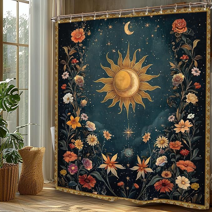 Miyotaa Celestial Sun Moon Shower Curtain Set 60Wx71H Inches Vintage Night Aesthetic Mysterious Witchy Polyester Waterproof Cloth Bathroom Curtain with 12 Hooks