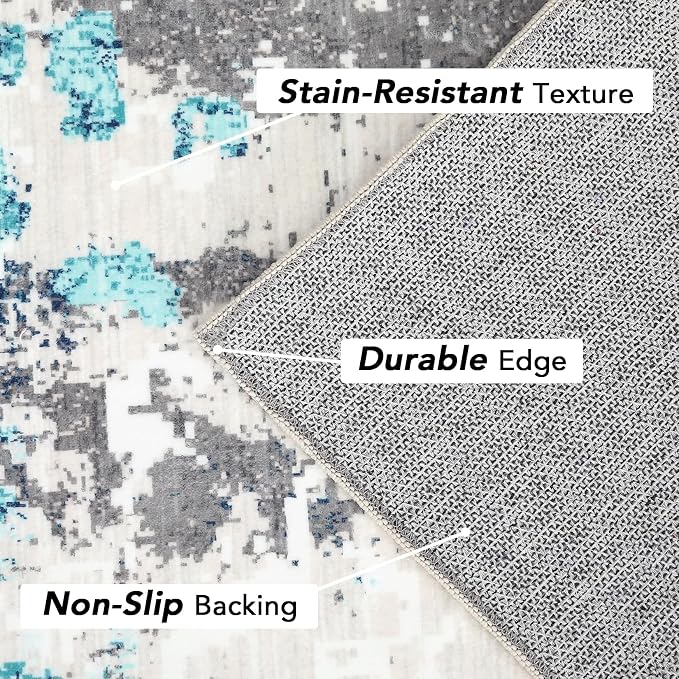GAOMON Washable 2x6 Rugs Modern Abstract Colorful Carpet Runner Non Slip Hallway Rug Low Pile Boho Chic Watercolor Design Long Rug for Bedroom Kitchen, Blue/Grey
