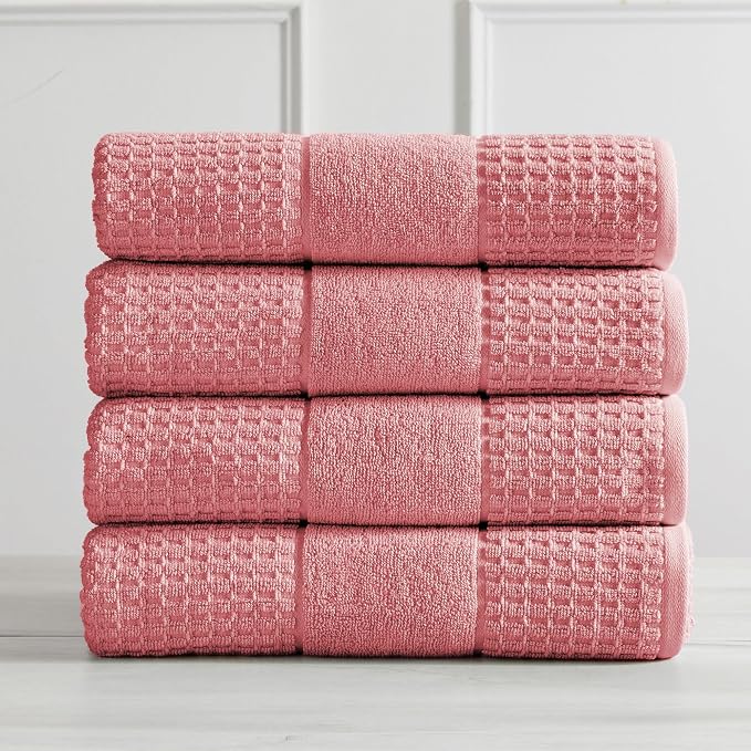 Market & Place 100% Cotton Super Soft Luxury Bath Towel Set | Quick-Dry and Highly Absorbent | Waffle Textured | 550 GSM | Includes 4 Bath Towels | Harper Collection (Rose)