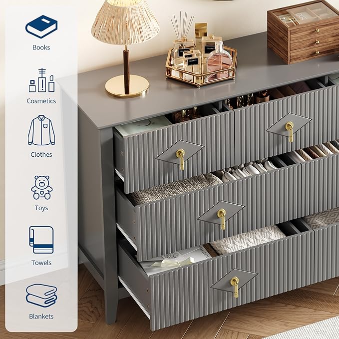 GarveeHome Fluted Dresser for Bedroom, 54 Inch Wide 7-Drawer Wood Dresser, Modern Chest of Drawers, Storage Organizer Cabinet for Living Room, Hallway, Entryway, Grey