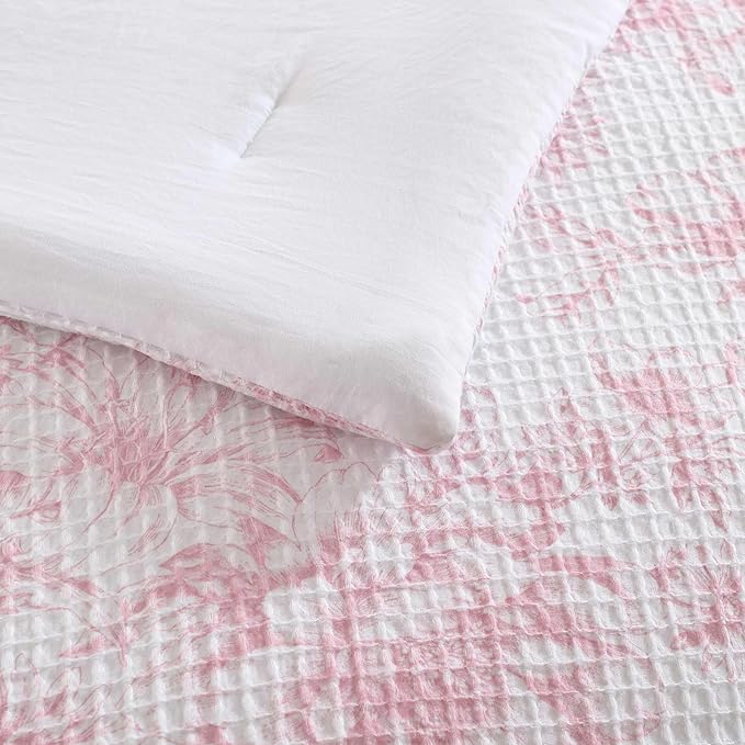 Laura Ashley - Comforter Set, Soft Poly Waffle Textured Bedding with Matching Shams, Delicate Floral Design (Delphine Pastel Pink, King)