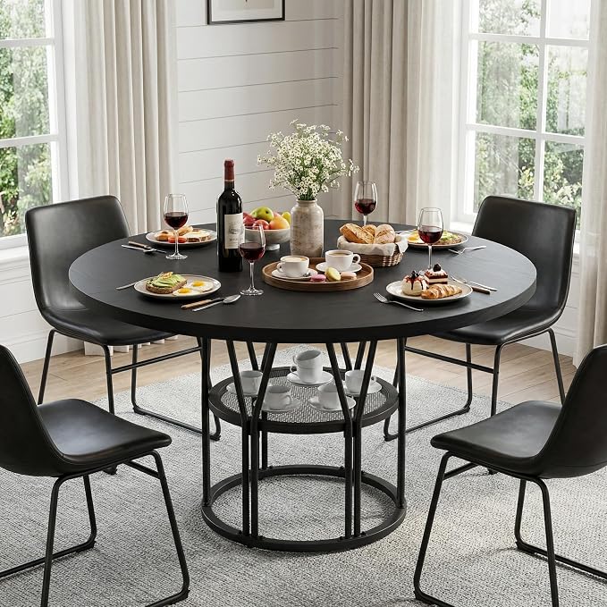 Garvee Round Dinning Table for 4-6 - 47" Circle Dinner Table with Storage Shelf & Sturdy Metal Frame, Modern Breakfast Tea Desk for Kitchen, Living Room, Apartment, Office, Black