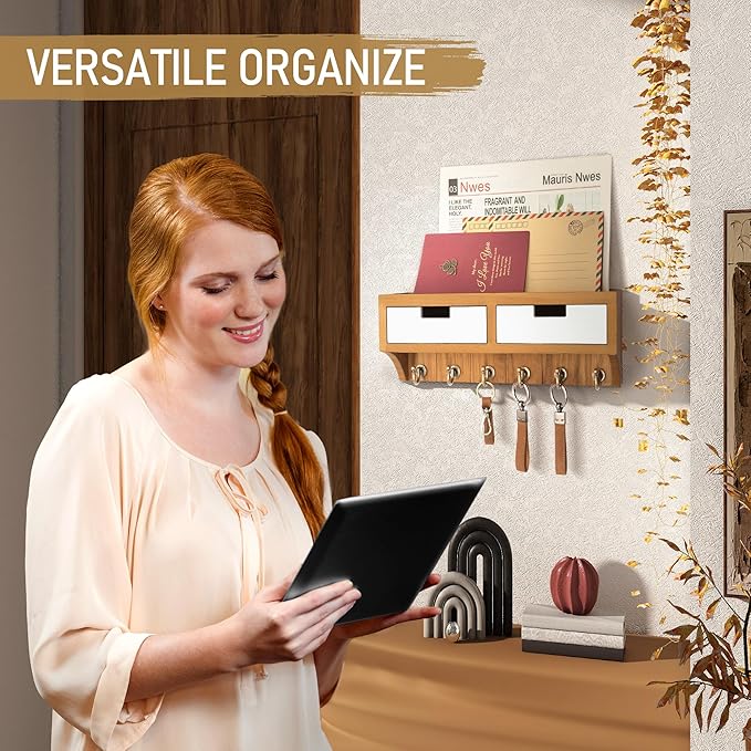 Rebee Vision Modern Farmhouse Key Holder Wall Mount with 2 Drawer Organizer : Mail Organizer with 6 Key Hooks and Wall Shelf - Home Organization for Room Decor (Light Brown & White)