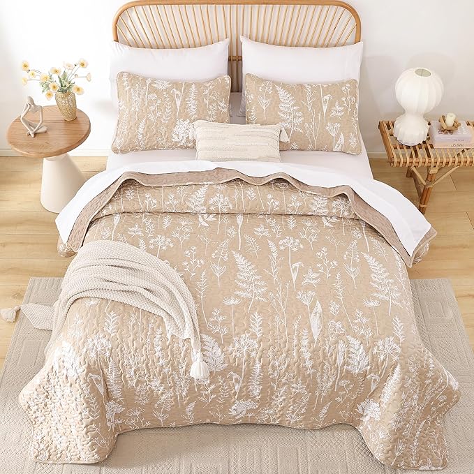 JANZAA Quilts Queen Size Taupe Quilt Botanical with Floral Pattern Microfiber Bedspreads Queen Size 3 Pieces Lightweight Comforter Reversible Bedding Set with 2 Pillow Cases