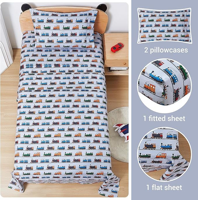 Viviland 3 Pieces Boys Grey Twin Sheet Set - Soft Microfiber Fitted Flat Sheets & Pillowcase - Retro Train Print Bedding Sets - for Kids & Toddlers