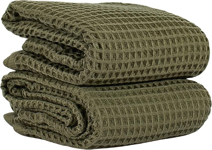 PÜSKÜL Natural 100% Turkish Cotton Waffle Bath Towels Set of 2-Piece | 32x63 inch Extra Large Absorbent Quick-Dry Lightweight Spa Towel | Honeycomb Weave Towel (Khaki Green Bath Towels - Pack of 2)