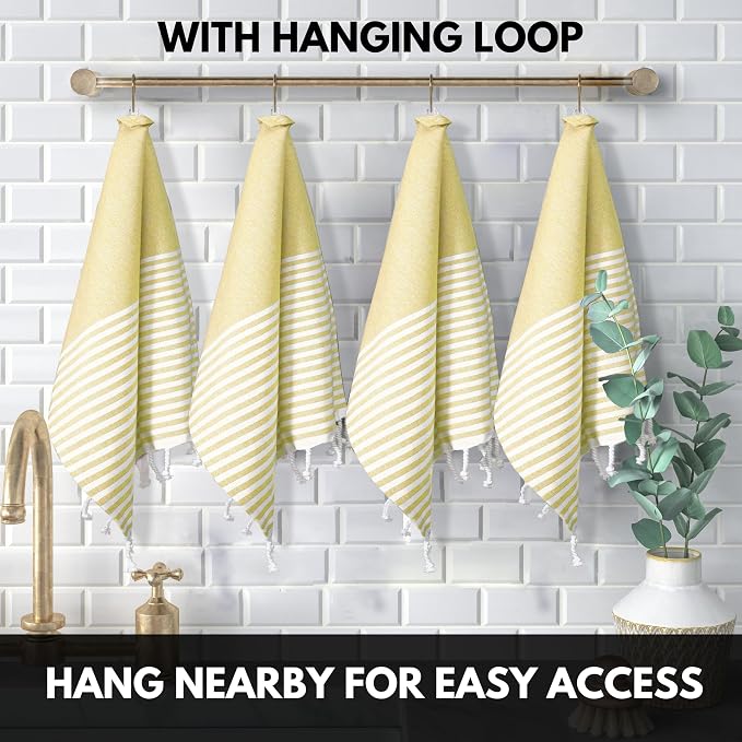 Turkish Kitchen Towels 18x26 Inches with Tassels - 4 Pack - Ultra Absorbent, Durable, Soft 100% Cotton Dish Towels for Drying & Cleaning - Machine Washable, Quick-Dry - Lemon Yellow