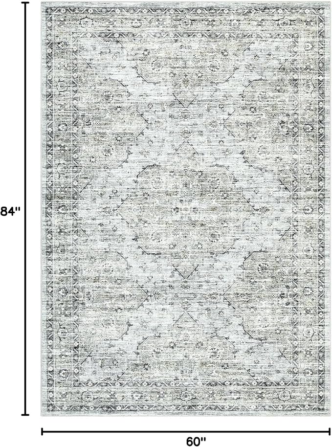 Washable 5x7 Area Rug Boho Vintage Area Rug Soft Living Room Non-Slip Dining Room Floor Carpet Low Pile Non Shedding Boho Accent Rug Oriental Indoor Carpet for Bedroom Home Decor Office, Blue Brown