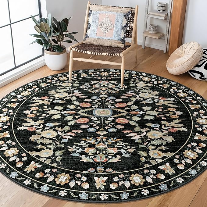 MUJOO Circle Rug 4ft,Black Round Area Rug Washable,Circular Rugs for Bedroom Entryway Bathroom Living Room,Small Boho Non Slip Throw Carpet Vintage Floral