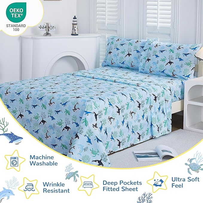Viviland 3 Pieces Boys Blue Ocean Twin Sheet Set - Soft Microfiber Fitted Flat Sheets & Pillowcase - Blue Ocean Whales, Sea Turtles, Marine Organisms Bedding Sets - for Kids & Toddlers