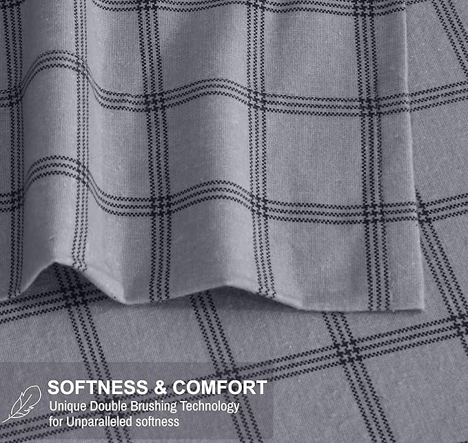 RUVANTI Flannel Sheets King Size - 100% Cotton Brushed King Size Sheets Set - Deep Pockets 16 Inches Bed Sheets - All Seasons Breathable & Extra Soft - Warm & Cozy, 4 Piece, Open Grid Check