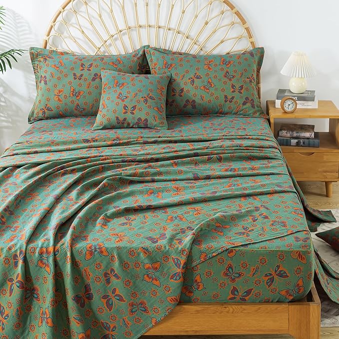 FADFAY Butterfly Sheets Set King Vintage Green Red Floral Bedding Shabby Farmhouse Bedding Super Soft Washed Double -Layer Muslin Sheets 100% Cotton Deep Pocket Fitted Sheet 4Pcs, King Size