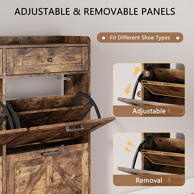 Shoe Cabinet with 3 Flip Drawers & 2 Top Drawers, 57" Tall Freestanding Narrow Wooden Shoe Storage Organizer for Entryway, Hidden Slim Shoe Rack for Front Door Entrance, Hallway, Living Room, Brown