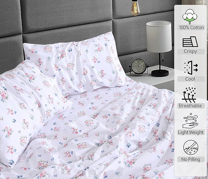 RUVANTI 100% Cotton Sheets Queen Size Set, 4 Pieces, Soft & Breathable Percale Weave Bedding, Deep Pocket 16", Hotel Standard, Crisp Cool Feeling, Durable, Perfect Floral Bed Sheet, Funa Flora