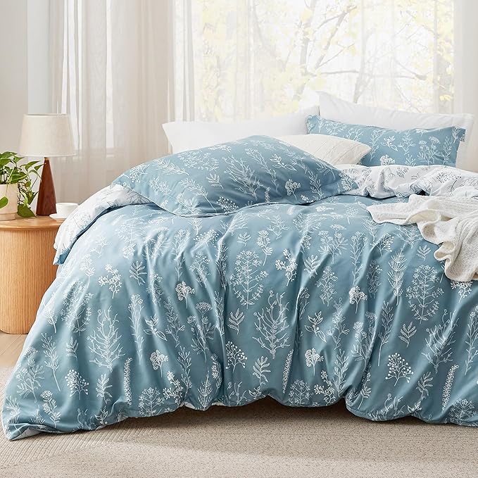 Bedsure Queen Comforter Set - Mineral Blue Bed Set, 3 Pieces Cute Floral Bedding, 1 Soft Reversible Botanical Flowers Comforter and 2 Pillow Shams