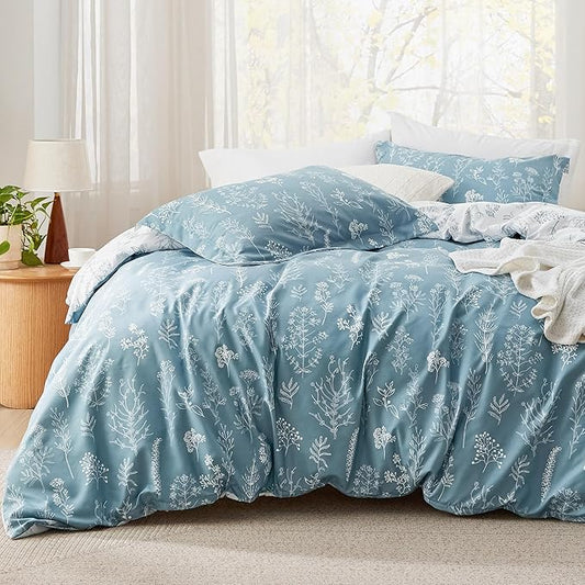 Bedsure King Comforter Set - Mineral Blue Bed Set, 3 Pieces Cute Floral Bedding, 1 Soft Reversible Botanical Flowers Comforter and 2 Pillow Shams