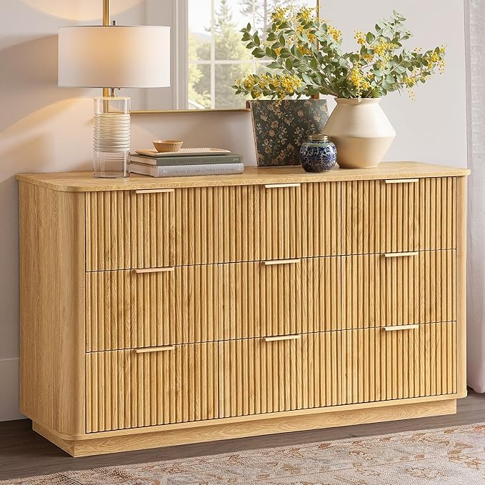 win2win 9 Drawer Dresser, Mid Century Modern Dresser with Storage, 55" Wide Fluted Chest of Drawers with Faux Marble Top, Dressers TV Stand, Drawers Organizer for Bedroom, Living Room, Hallway, Oak